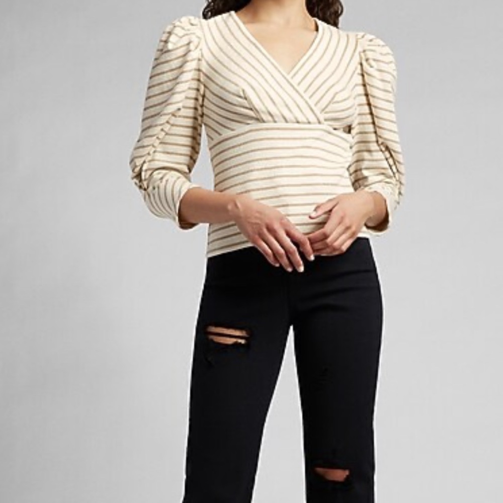 EXPRESS Metallic Striped Puff Sleeve Statement Chic Wrap Top Size XS